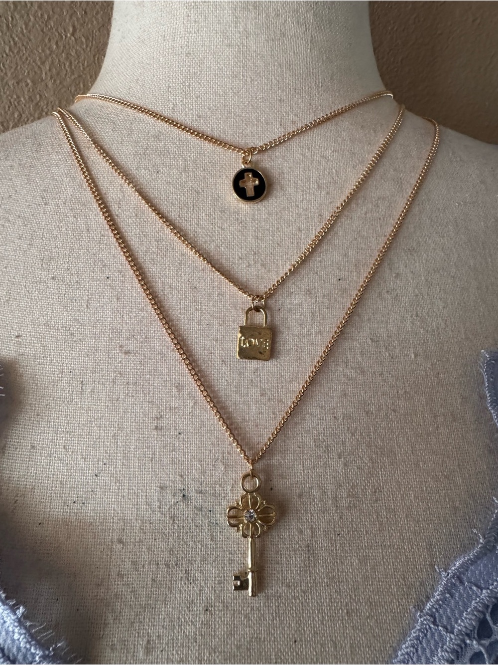 Gold Layered Key & Lock Pendant Necklace Set - Black Accent